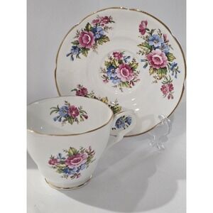 Clarence Bone China Teacup Saucer Pink Blue Floral Gold Trim England Vintage